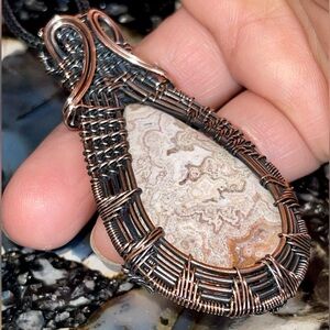 Copper Wire-wrapped Crazy Lace Agate Pendant 2 1/2”